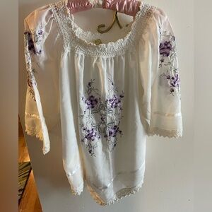 VINTAGE White Blouse with Purple and Silver Floral Embroidery